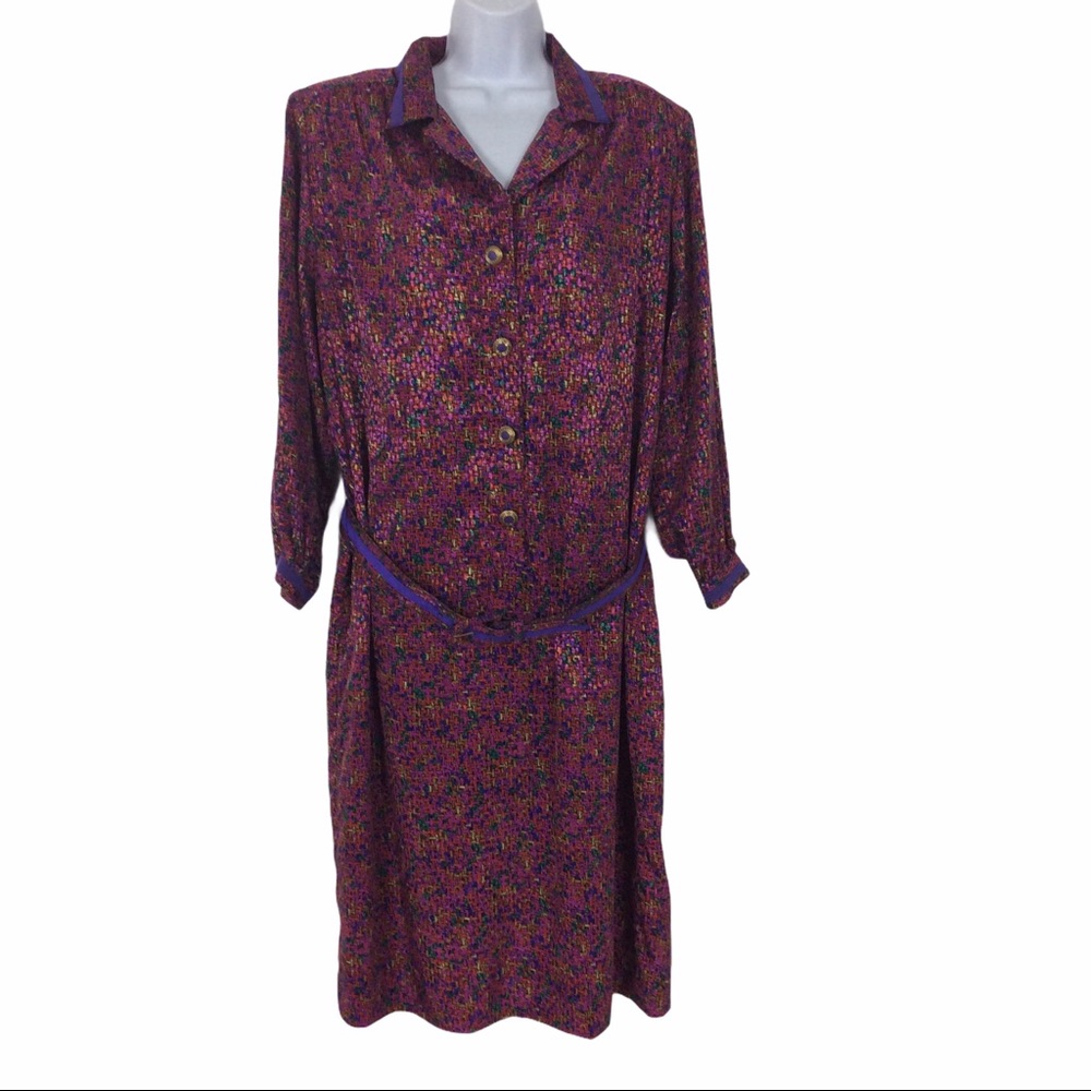 Vtg Parnes Feinstein Purple Belted Button Dress Size 10 (Vintage Size 16)
